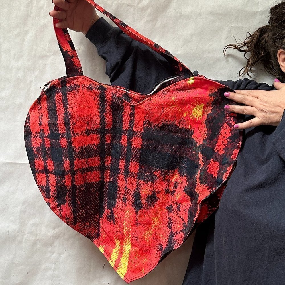 Tartan Plaid Love Handmade Gigantic Heart Handbag Tote Red Grunge Bleached